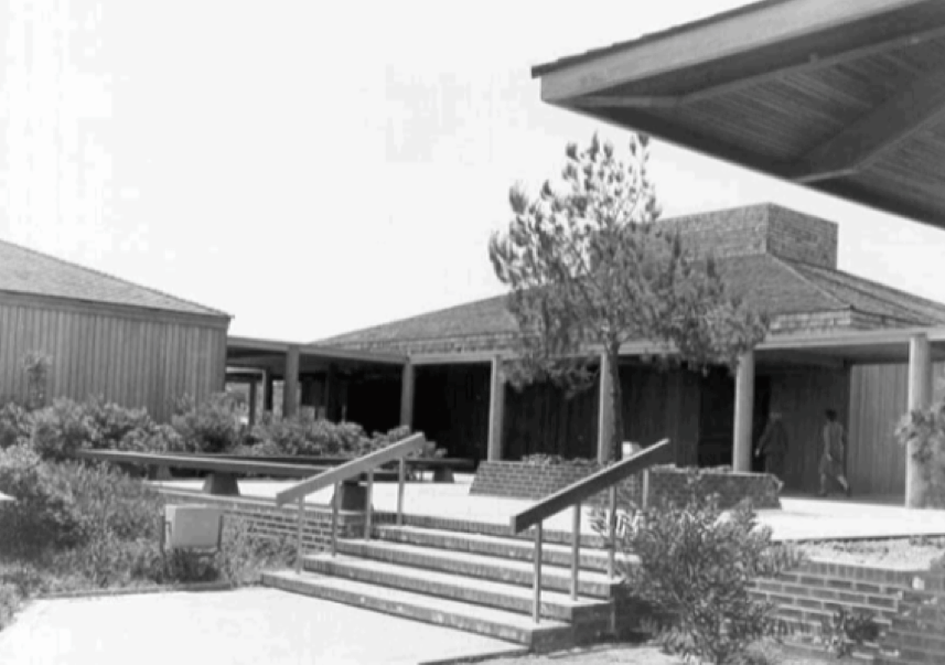 Cabrillo NM Visitor Center. View of courtyard and Exhibit/Auditorium Building. 1968. Cabrillo NM Interpretation Division Photo Collection.