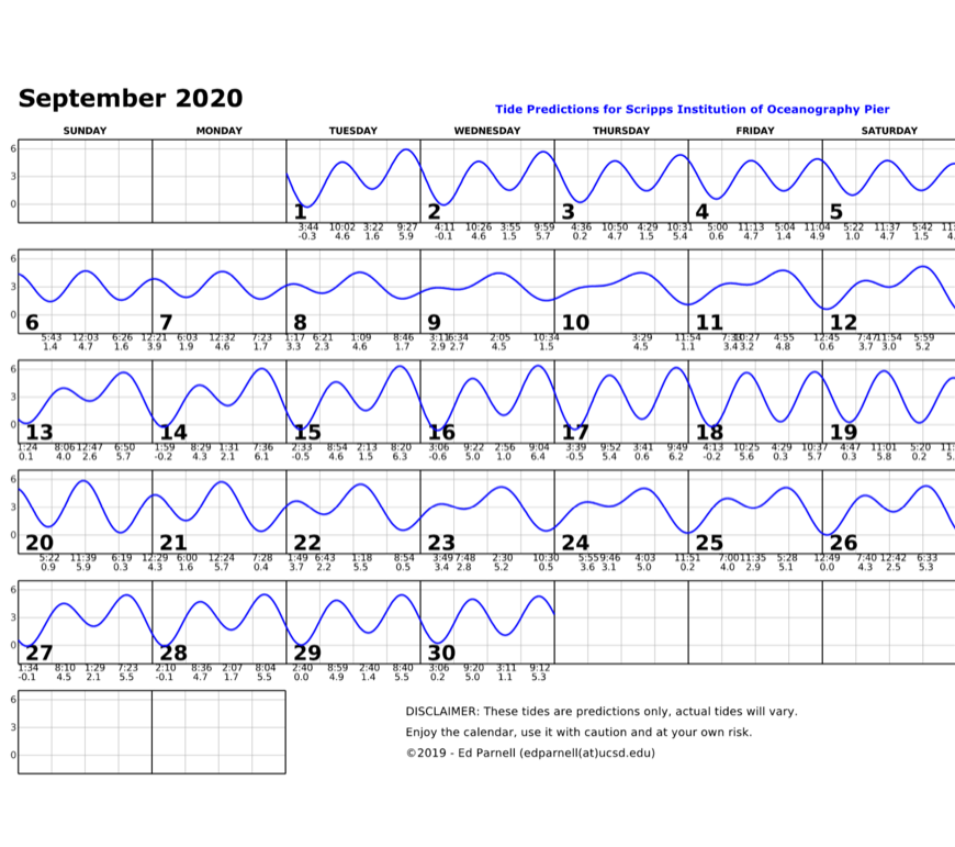 September 2020 calendar with single squiggly horizontal line through squares indicates high and low tides. Everyday the line goes down twice and up twice. The lowest tide during park hours is at 4:29pm on the 18th. This tide is a positive 0.3. Contact edparnell@ucsd.edu for more details about the calendar.
