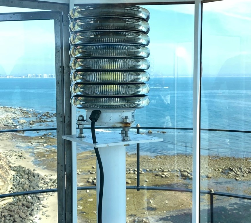This small, modern Vega LED Beacon-44 was installed on March 3, the final hurrah of the lighthouse restoration. Its signal reaches approximately 14 miles to sea and offers a flash every 15 seconds. (Photo by Karen Scanlon.)