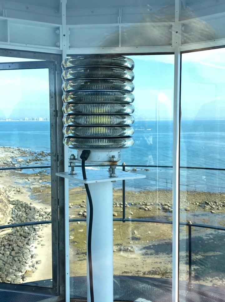 This small, modern Vega LED Beacon-44 was installed on March 3, the final hurrah of the lighthouse restoration. Its signal reaches approximately 14 miles to sea and offers a flash every 15 seconds. (Photo by Karen Scanlon.)