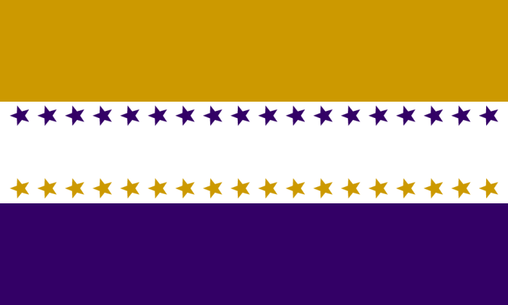 Rectangle with three horizontal bars, gold on top, white in the middle, purple on bottom. White bar has a row of purple stars at the top and a row of gold stars at the bottom.