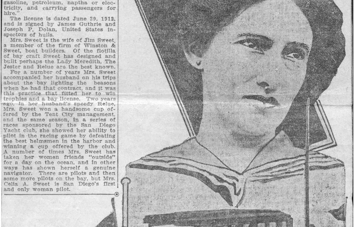 Old newspaper article showing a drawing of Celia Sweet with her boat.