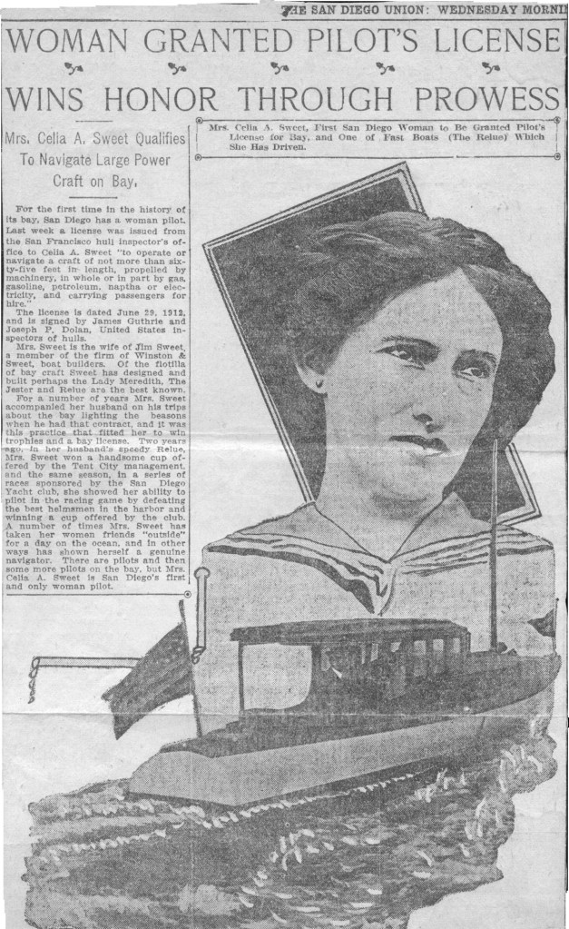 Old newspaper article showing a drawing of Celia Sweet with her boat.