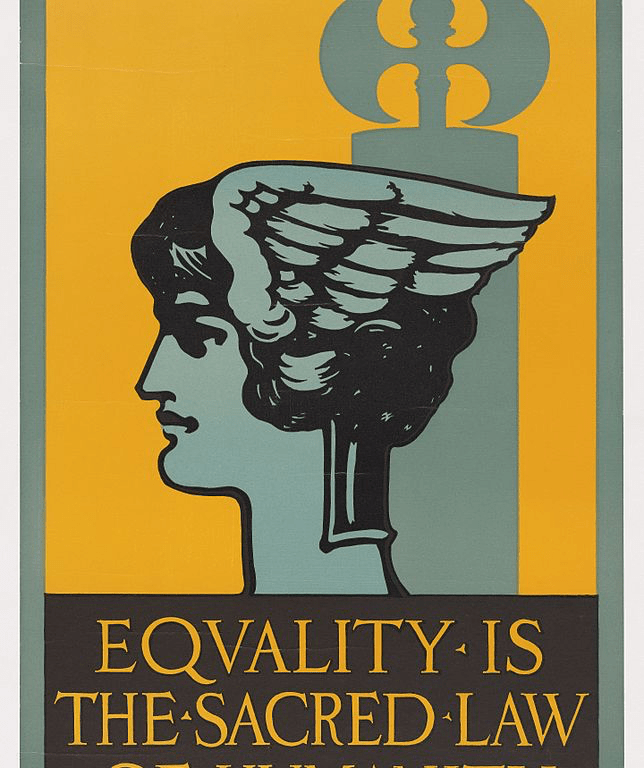 A blue-green drawing of a lady's head in profile against an orange background. The lady has wings on her head.