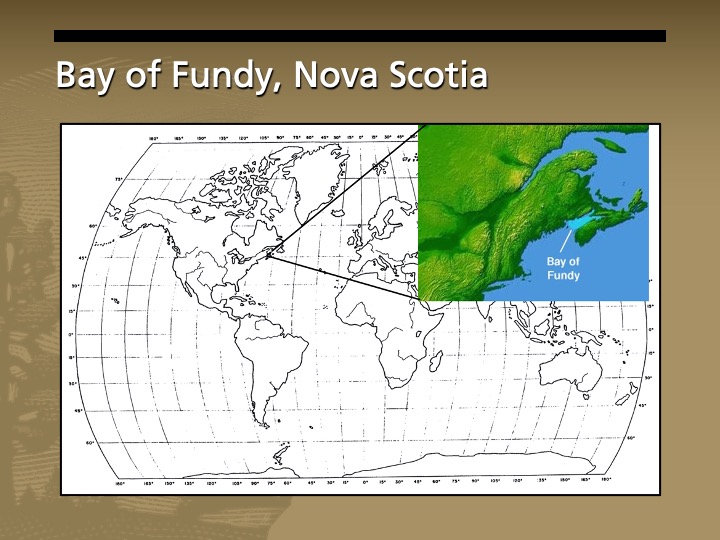 A map of the world with a closeup of the Bay of Fundy in Nova Scotia, Canada.