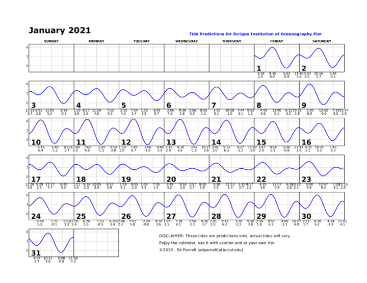 January 2021 calendar with single squiggly horizontal line through squares indicates high and low tides. Everyday the line goes down twice and up twice. The lowest tide during park hours is at 4:15pm on the 15th. This tide is a negative 1.3. Contact edparnell@ucsd.edu for more details about the calendar.
