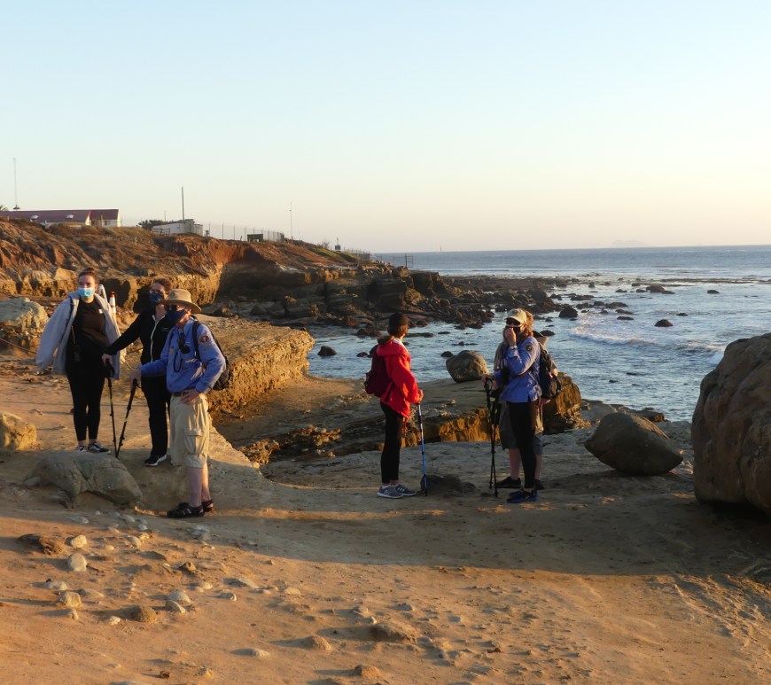 People stand on sandstone cliffs overlooking the ocean. Volunteers are wearing long sleeve blue shirts.