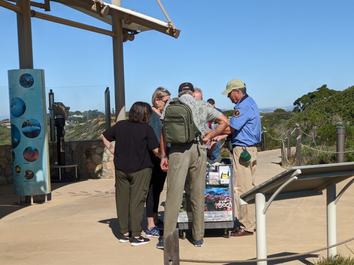 Park volunteer Mike stands behind a wheeled outdoor cart decorated with a picture of rocks and water. Five park visitors stand near him while he holds an unidentified item in his hands and explains it.