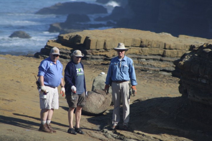 Tidepool VIPs Dave, Ken, and Bob stand on smooth, tan rock with rocky cliff and blue ocean behind them. They all wear work gloves and Patrick is wearing a t-shirt and shorts along with the VIP floppy hat.