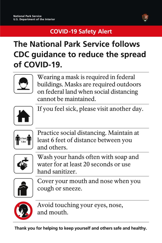 Black header with NPS Shield on right side. Below that reads COVID-19 Safety Alert. Under that has safety guidance for COIVD-19.