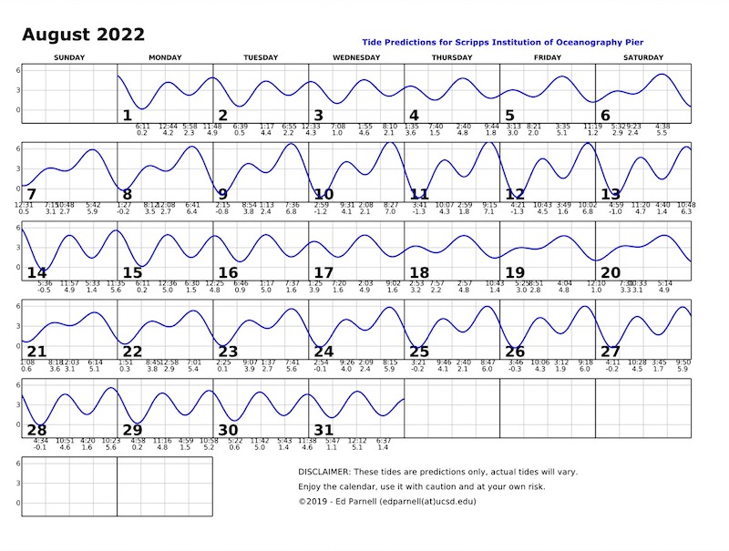 August 2022 calendar with single squiggly horizontal line through squares indicates high and low tides. Everyday the line goes down twice and up twice. Contact edparnell@ucsd.edu for more details about the calendar.