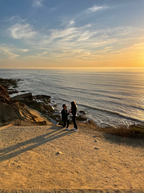 A man on one knee asks woman to marry him.