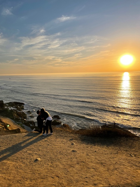 A man on one knee asks woman to marry him.