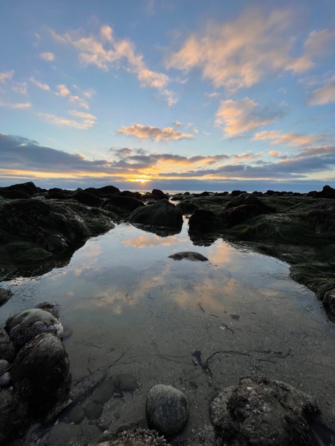 Sun sets along rocky beach. Sky is reflected in the ocean water.