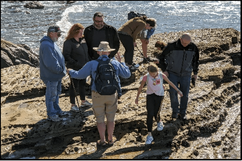 A group of people standing on a rocky beach