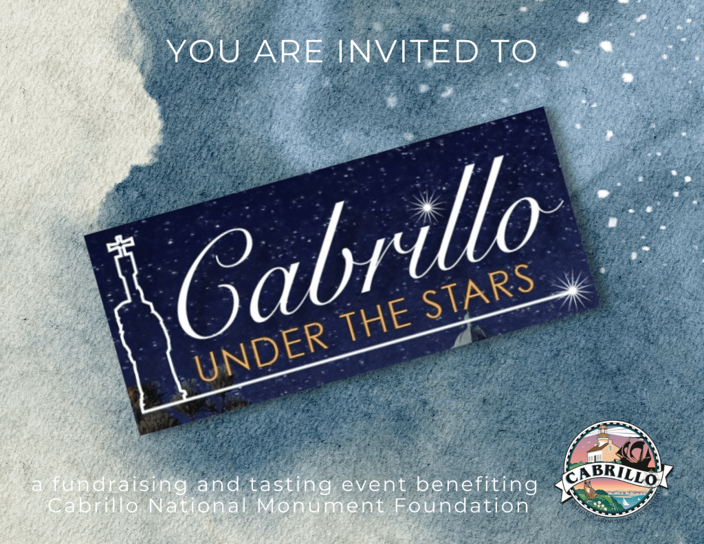 Blue rectangle with the words "Cabrillo Under the Stars" overlaying a light blue background with stars