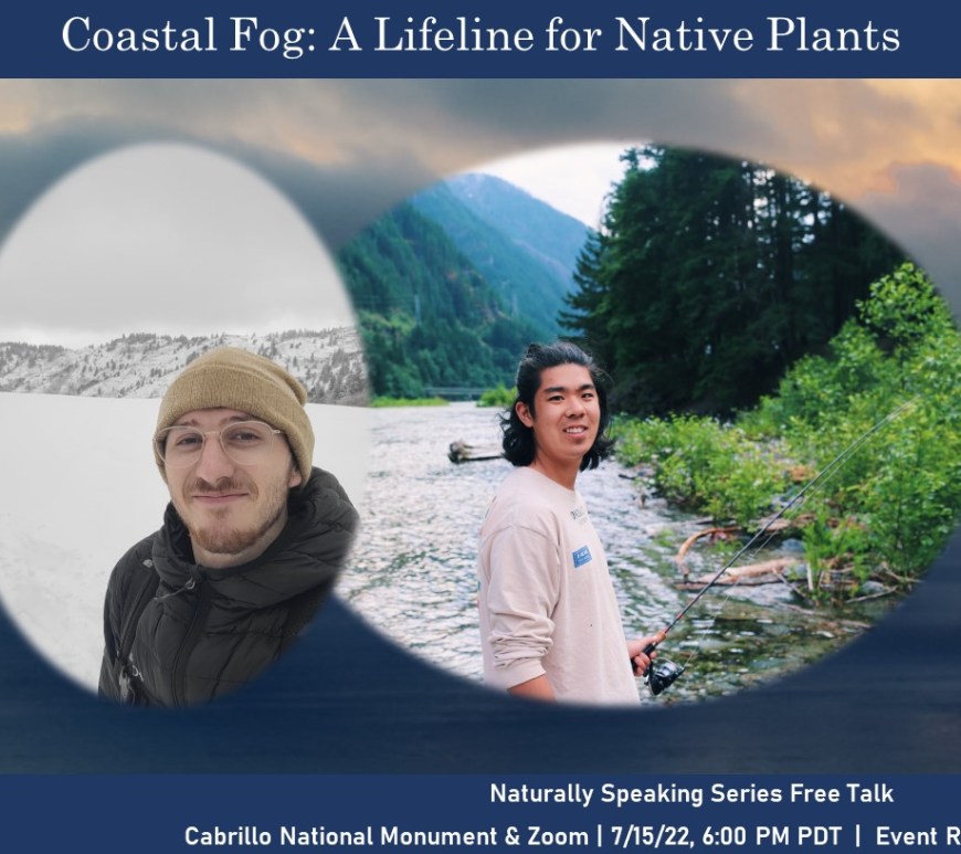 A man in a winter coat and hat stands in the snow and a man stands next to a river.