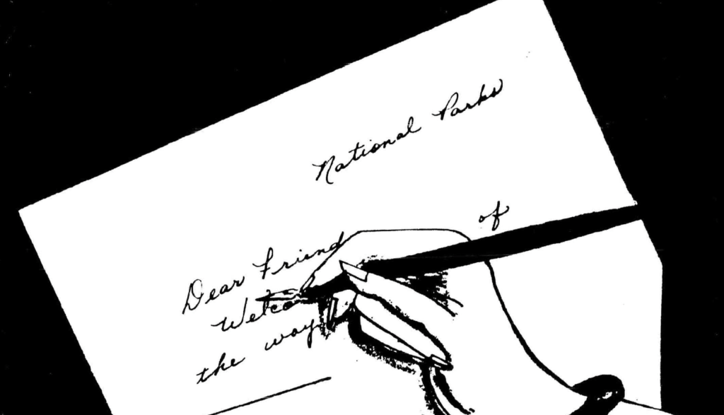 A drawing of a hand with a pen writing a letter.