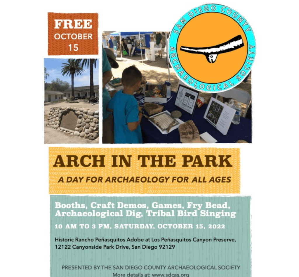 A flyer showing a boy looking at items on a table. The flyer has the text "ARCH IN THE PARK; A DAY FOR ARCHAEOLOGY FOR ALL AGES; Booths, Craft Demos, Games, Fry Bread, Archaeological Dig, Tribal Bird Singing