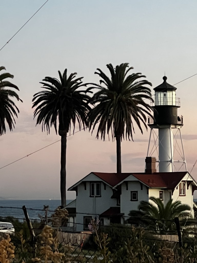 A tall thin lighthouse stands among palm trees. A house stands in front of the lighthouse.
