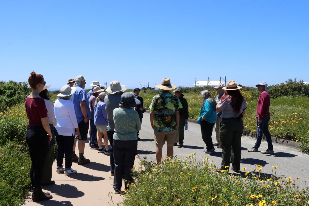 A group of people listen to a lady talking about flowers and plants.