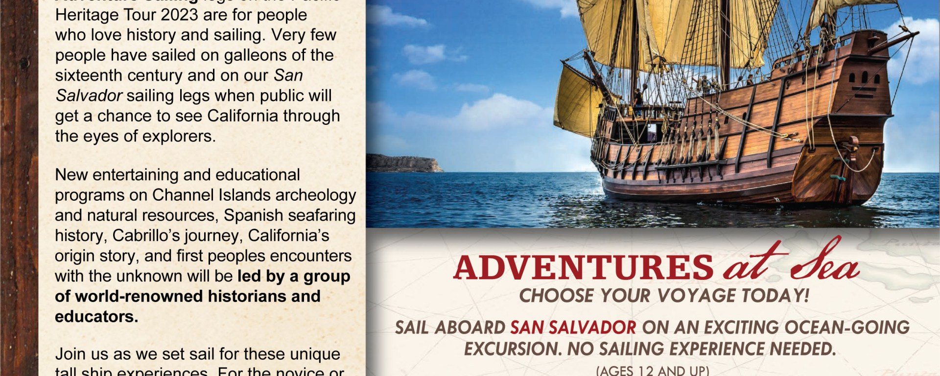 Flyer for Pacific Heritage Tour 2023 for the San Salvador. A 16th century galleon on the ocean.