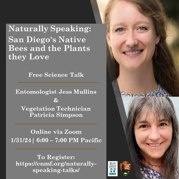 Flyer with headshots of two scientists; upper image has long golden-brown hair, hazel eyes, and smiles at the camera; lower has long dark hair with streaks of gray, dark eyes, and smiles at the camera.
