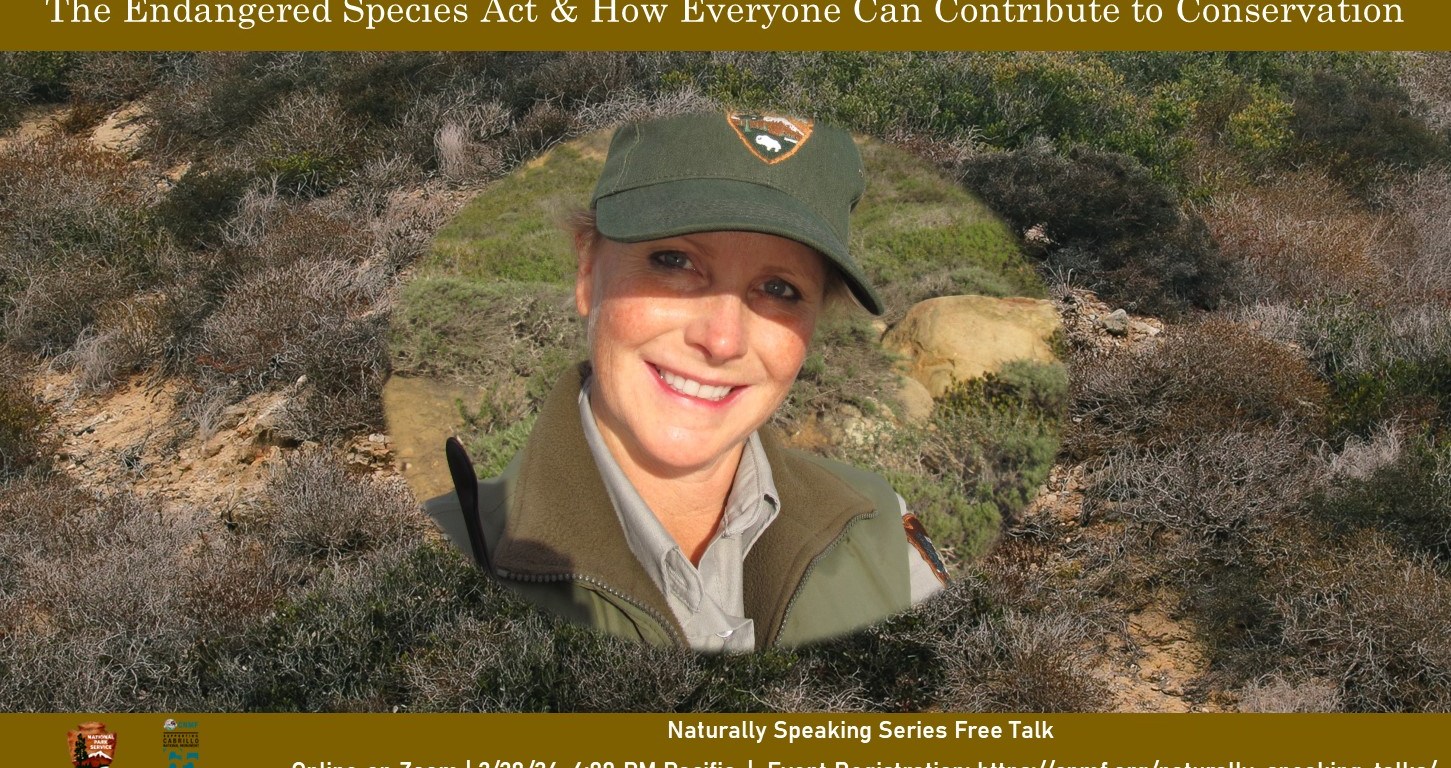 Flyer with two headshots of a scientist out in the field; in one image she is wearing a black polo that says "U.S. Fish & Wildlife Service", in the other she is wearing the green-and-gray uniform of a National Park Service ranger. In both photographs she smiles at the camera.