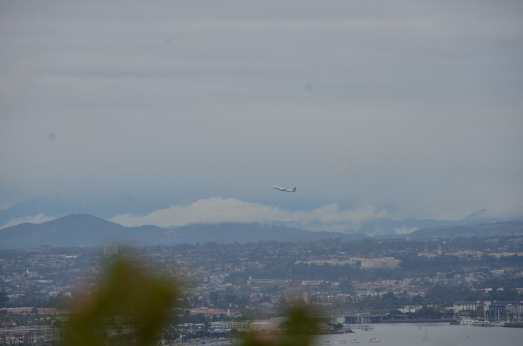 The picture shows a landscape view with a focus on a flying airplane. The airplane is centered in the upper part of the image, slightly to the right. Below the airplane, there is a vast cityscape with numerous buildings spread out. The city is bordered by water on the right side, where several boats are docked. In the background, there are rolling hills partially obscured by clouds or mist. The foreground is slightly blurred with what appears to be leaves from a tree obstructing the very top and bottom of the view. The overall colors are muted with a blue-gray overcast sky.