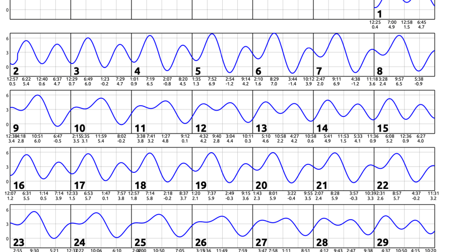 November 2025 calendar with single squiggly horizontal line through squares indicates high and low tides. Everyday the line goes down twice and up twice. Contact edparnell@ucsd.edu for more details about the calendar.