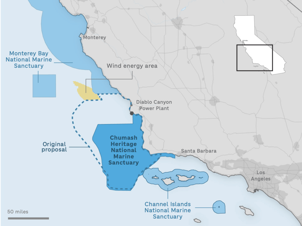 A map of the Central California coast. A blue area outlines the Chumash Heritage National Marine Sanctuary.