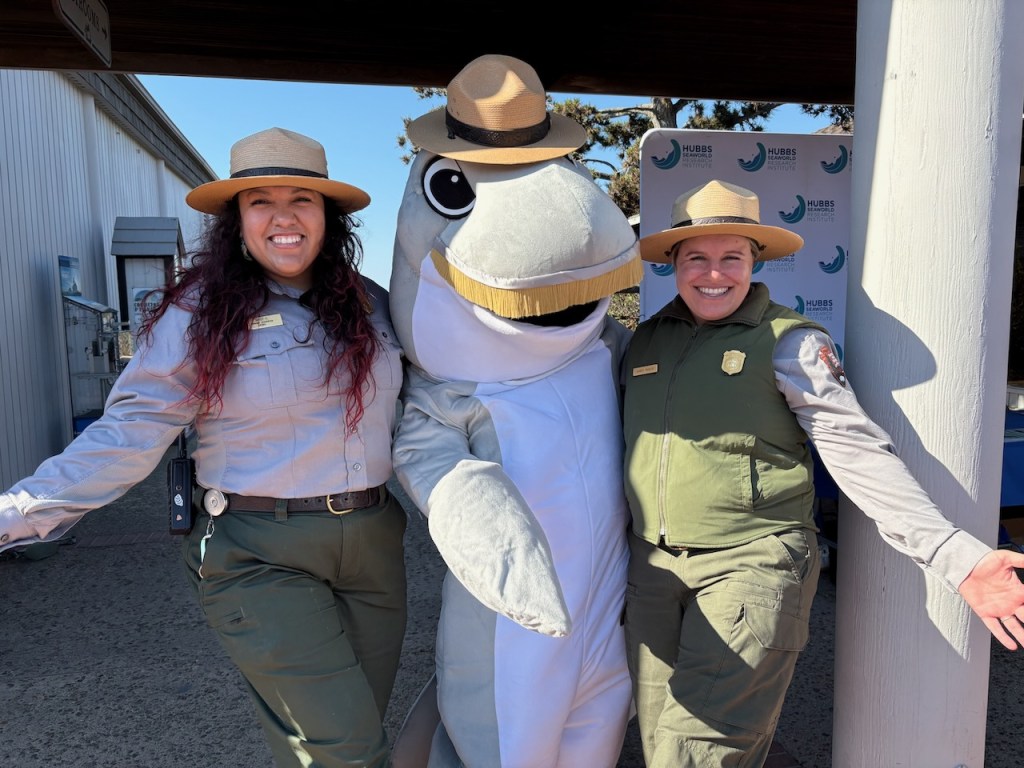 The image shows two women dressed in park ranger uniforms standing on either side of a person in a dolphin costume. The woman on the left has long dark hair with red highlights and is wearing a tan ranger hat, a light gray shirt, and dark green pants. She is smiling broadly. The woman on the right is also wearing a tan ranger hat, a green vest over a light gray shirt, and dark green pants. She is smiling as well. The dolphin costume is light gray and white, with large cartoonish eyes and a tan ranger hat on its head. Behind them is a backdrop with the logo of the Hubbs-SeaWorld Research Institute, featuring a stylized wave design. The setting appears to be outdoors, possibly at a park or research facility.