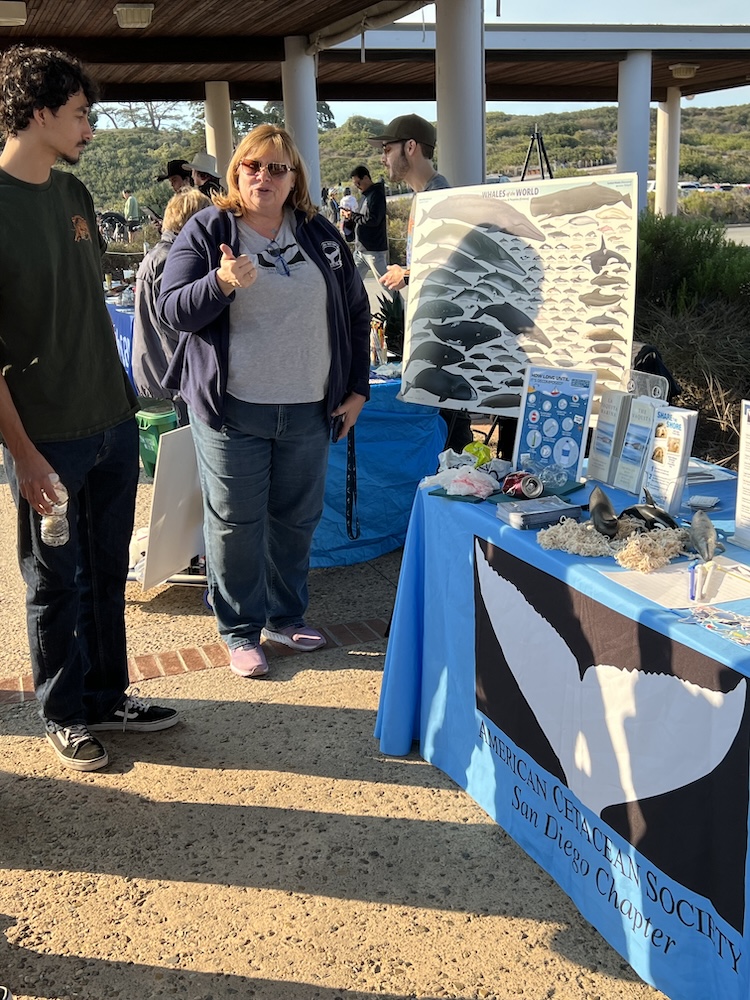 The image shows an outdoor event with a booth set up by the American Cetacean Society, San Diego Chapter. There are two people in the foreground. On the left is a young man with curly hair, wearing a dark green t-shirt and jeans, holding a water bottle. On the right is a woman with blonde hair, wearing sunglasses, a navy blue jacket, and jeans, giving a thumbs-up gesture. Behind them is a table covered with a blue tablecloth displaying various items, including a large poster titled "Whales of the World" that features illustrations of different whale species. There are also informational pamphlets and small models or samples on the table. In the background, there are more people and tables, as well as greenery and a clear sky.