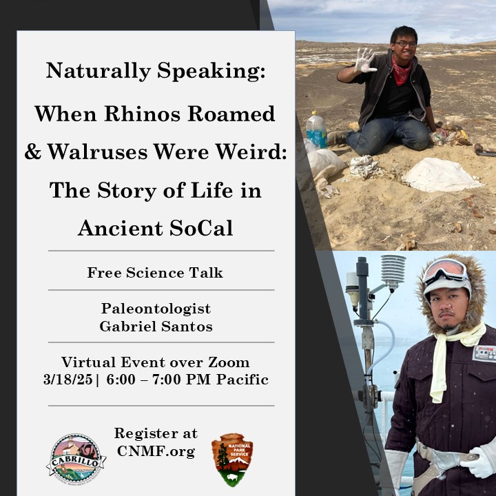 Photo collage of above) a man kneeling on a sandy cliff with digging instruments around him. He holds up his hand, the palm of which is covered in white plaster; below) a man standing on a deck of a ship against white railing in cold-weather gear made to look like the Star Wars character Han Solo. There is a tall, metal instrument next to him and icy ocean stretching behind. Text to the left advertises the event.