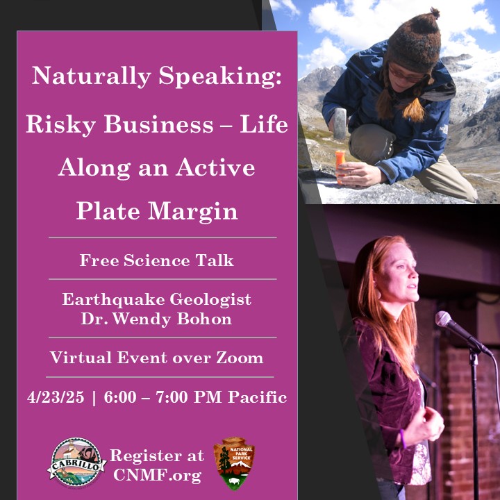 Photo collage; upper image is a woman with two red braids wearing a snow cap, blue snow jacket, and khaki work pants who crouches over a boulder and hammers an orange tool into the rock. Snowcapped mountains and blue cloud-studded sky stretch into the distance; lower image is a woman with long, red hair wearing a purple blazer who stands at a microphone and speaks