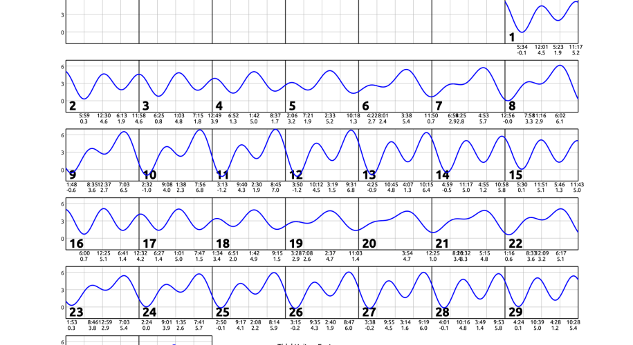 August 2026 calendar with single squiggly horizontal line through squares indicates high and low tides. Everyday the line goes down twice and up twice. Contact edparnell@ucsd.edu for more details about the calendar.