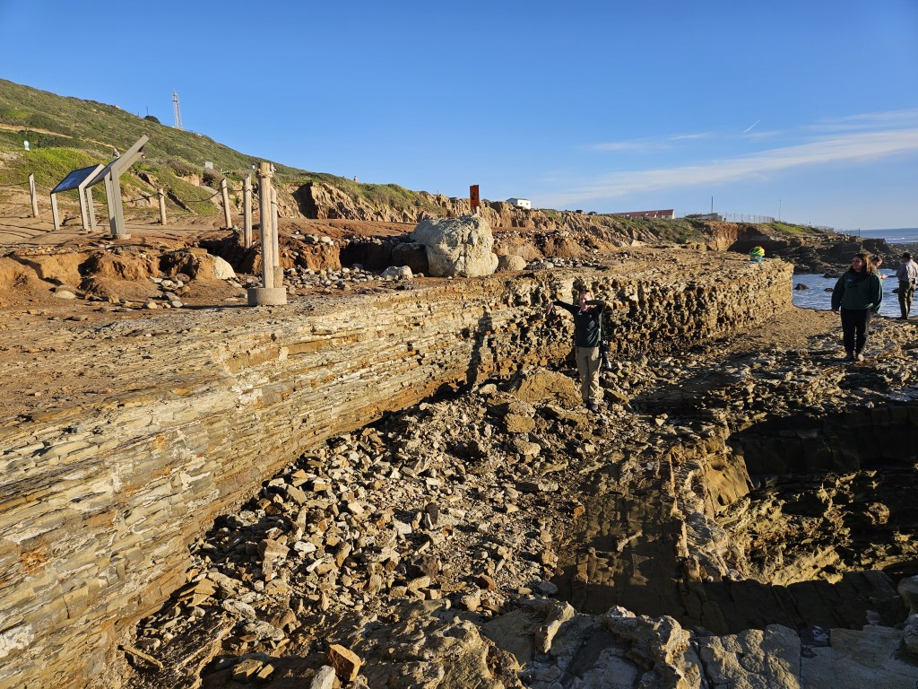 Rocky coastal cliffs with broken slabs and rubble, a few people exploring near tidepools, and clear blue sky with the ocean in the background.