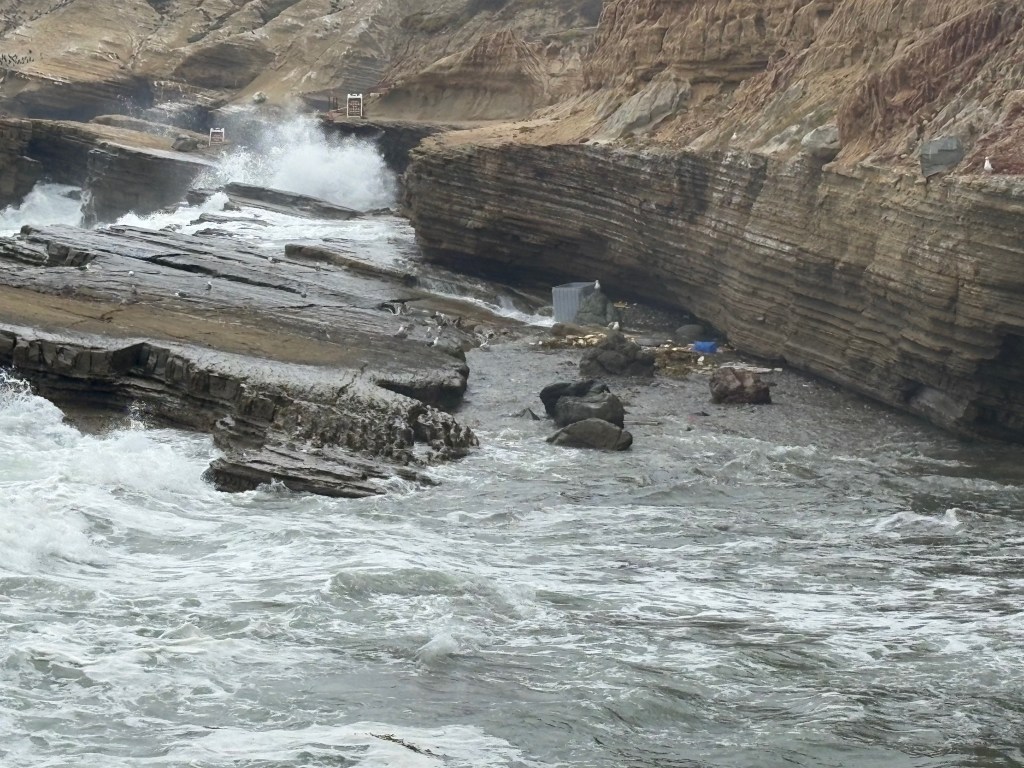 Rocky coastline with waves crashing against layered cliffs. Seagulls perched on rocks. Overcast sky.