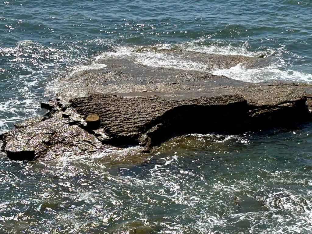 A flat, dark rock juts out into the ocean, with small waves and white foam splashing against it under bright sunlight.