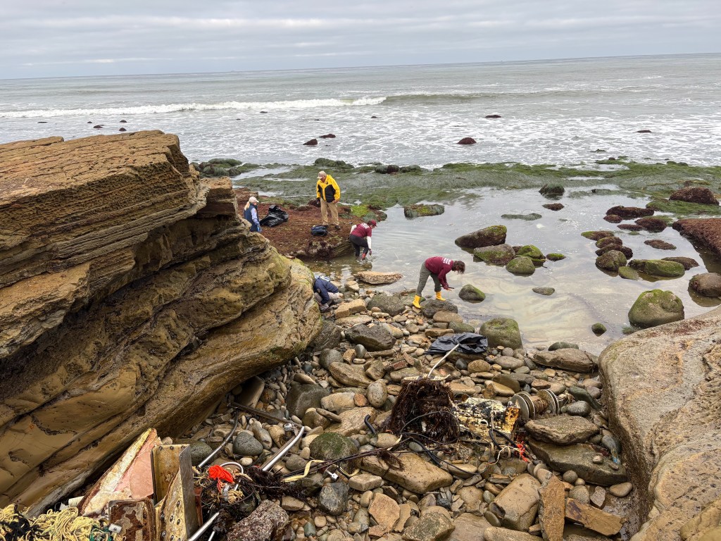 People in rain gear exploring a rocky beach with tide pools and waves under a cloudy sky.