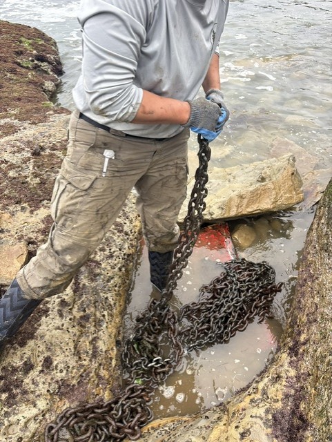 person in muddy clothes and boots pulls a heavy chain from a shallow, rocky tide pool, with water and large rocks surrounding the area.