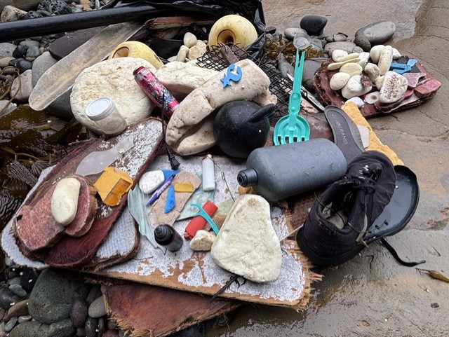A wooden board on rocks holds assorted debris: shoes, plastic, fabric, and natural items like shells and stones, suggesting beachcombing or ocean waste collection.