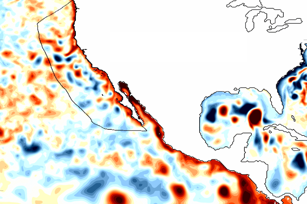 This map displays sea surface temperature anomalies, with deep red indicating warmer waters along the equator and coastlines, characteristic of an El Niño pattern.