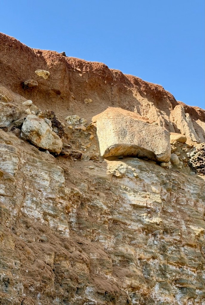 A rocky cliff with layered brown and tan sediment, scattered boulders, and a clear blue sky above. One large rock juts precariously from the cliff face.